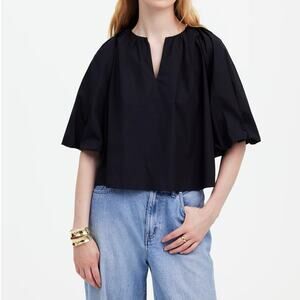 NWT Madewell Bubble-Sleeve Top In 100% Cotton Poplin True Black Size 4